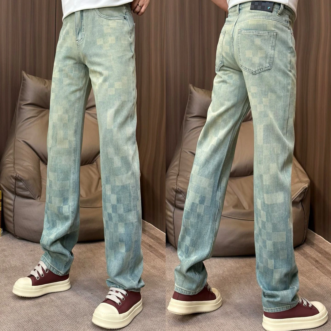 孙先生｜奢潮款男款牛仔裤做旧泛黄直筒阔腿棋盘格牛仔裤512