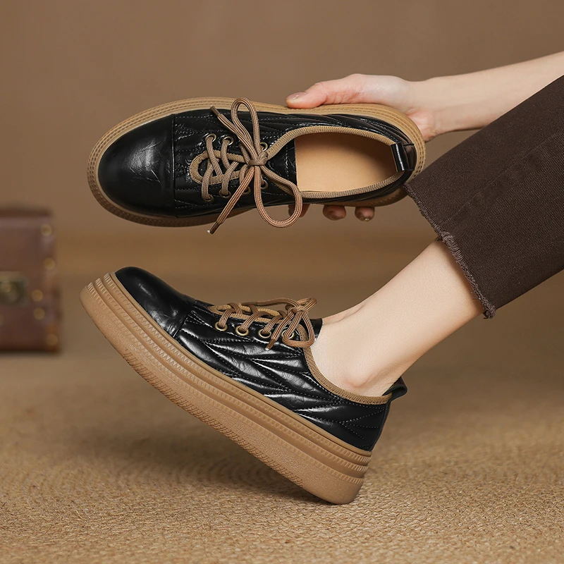 羊皮/跟高5cm/春秋休闲百搭真皮复古厚底英伦风圆头增高舒适妈妈