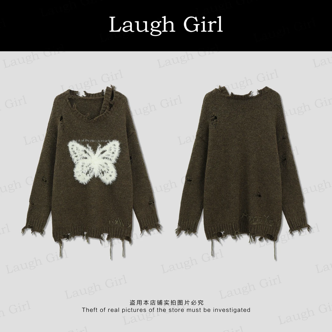 楚楚君 Laugh girl【羽毛蝴蝶】破坏风羽毛蝴蝶宽松毛衣XL531028J