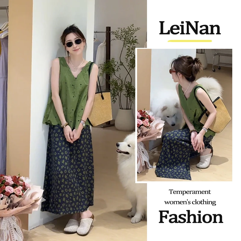 2025夏季新款韩系慵懒松弛遮肉无袖V领上衣高腰碎花半身裙两件套