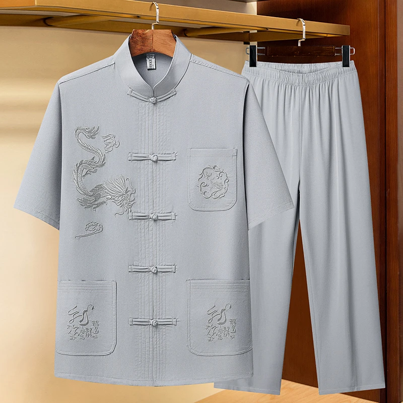 中老年唐装男士爸爸夏装短袖中国风两件套装爷爷夏季老人衬衫薄款