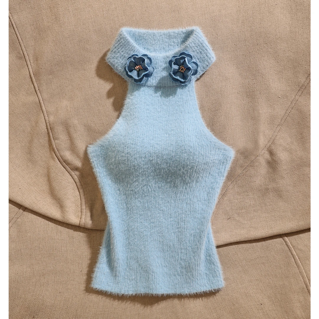 时尚简约设计感花朵装饰挂脖针织背心女蓝色无袖修身小众气质上衣