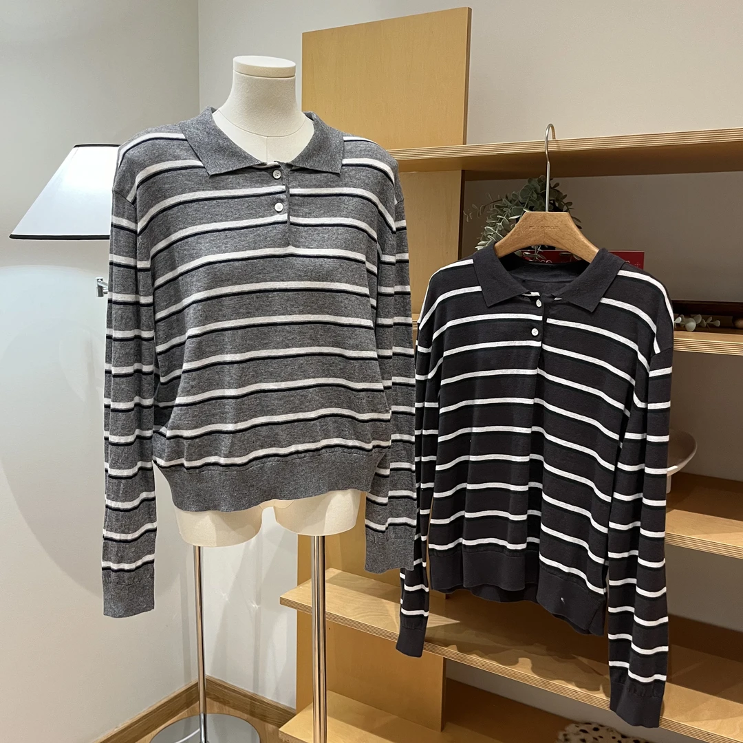 “清凉”POLO领条纹长袖针织衫