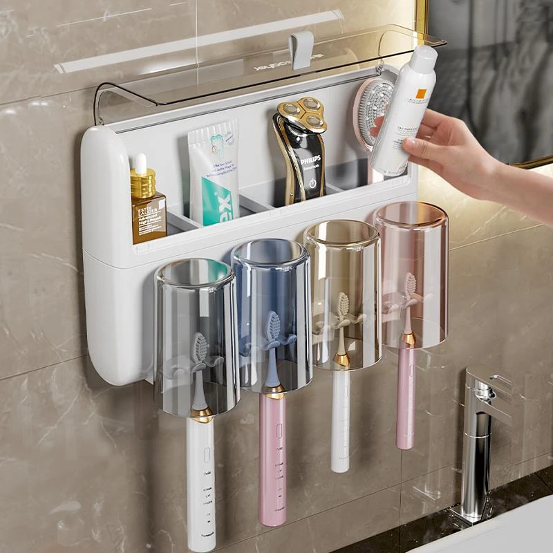 德国精工佳帮手牙刷置物架电动牙杯壁挂式免打孔漱口杯架一家四口