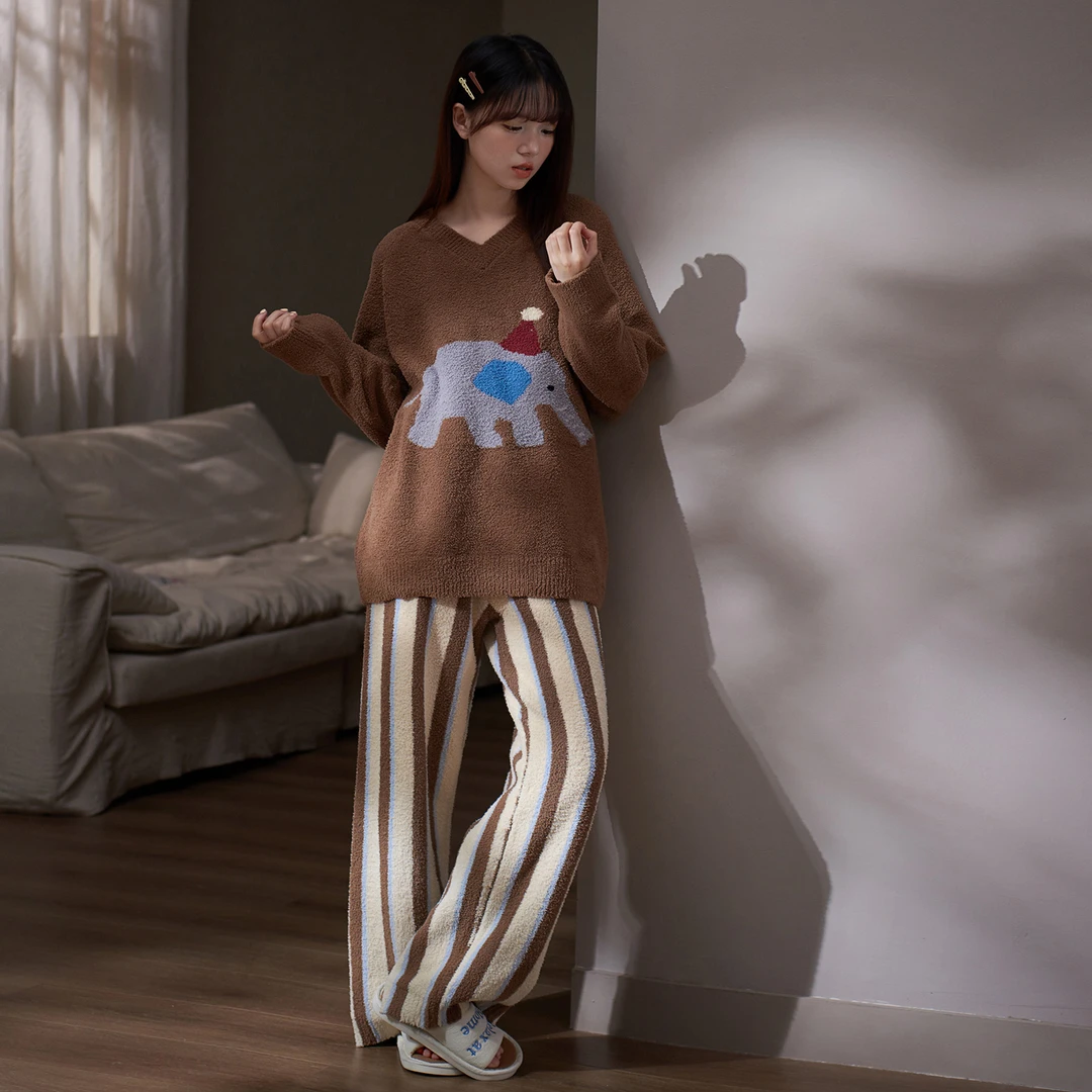思莉太太秋冬2025新款女生睡衣半边绒加厚加绒休闲时尚长袖家居服
