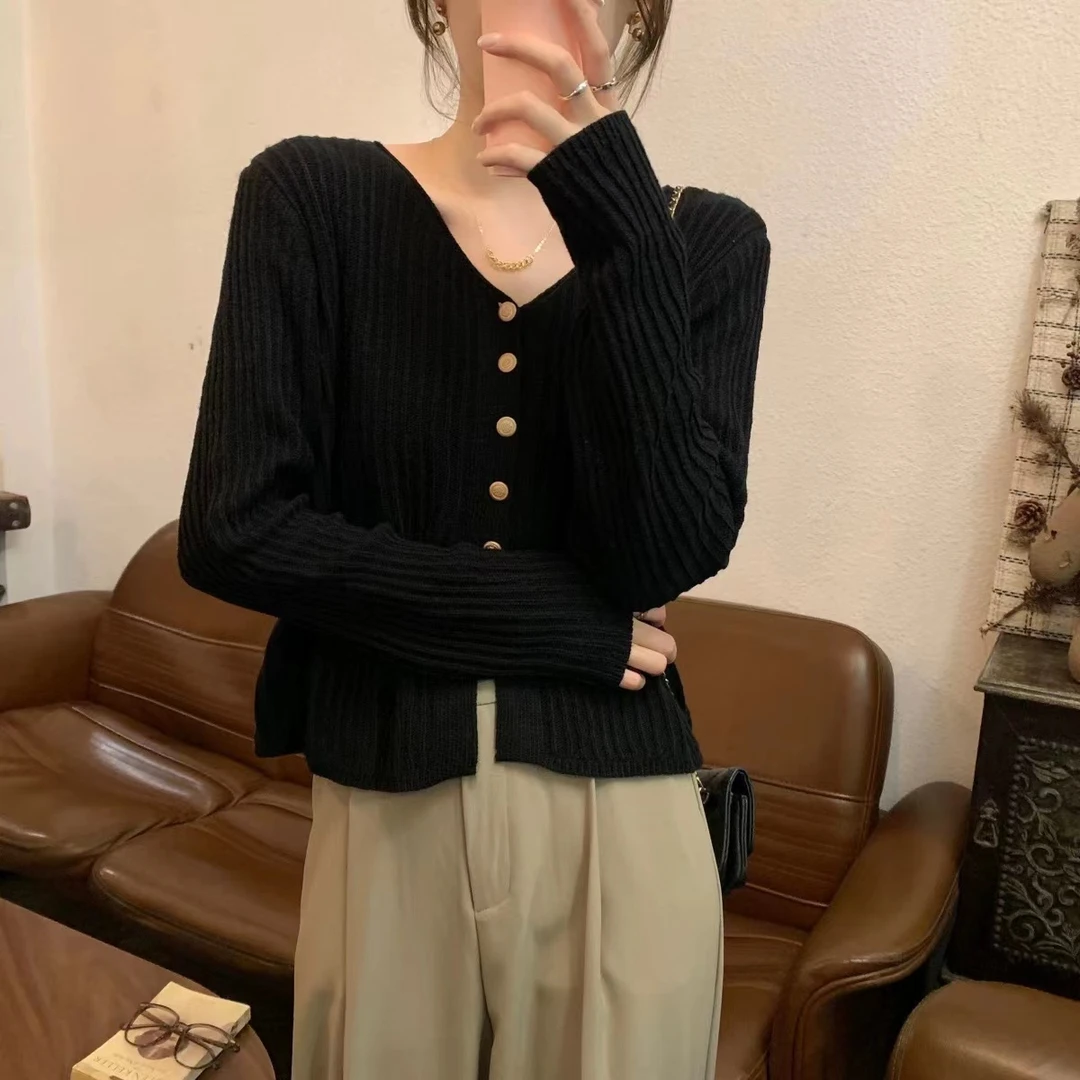 0029 秋季韩版宽松V领纯色上衣