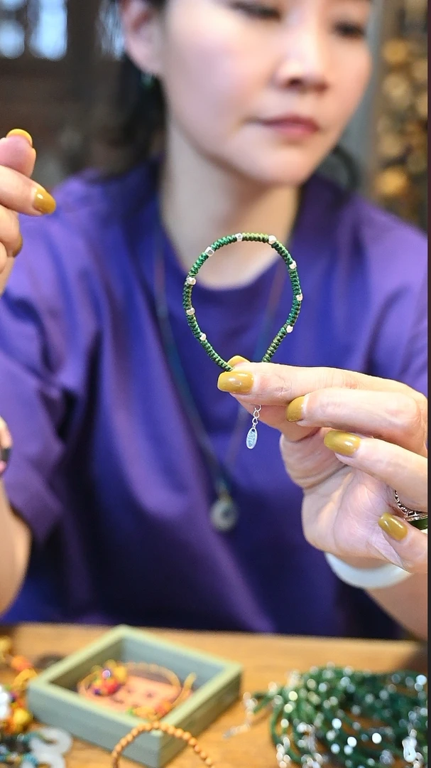 足银珐琅手链 茶-绿粽子小手围端午手绳（14-15圈口）