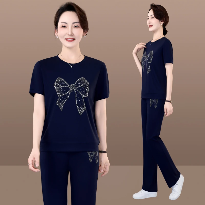 恩狐休闲运动套装女夏季2025新款圆领时尚洋气减龄妈妈装两件套