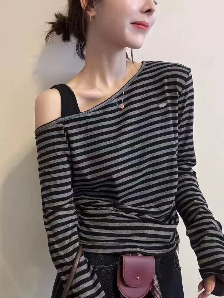 25S08老钱风撞色条纹条纹长袖耐磨T恤百搭短款女士套头