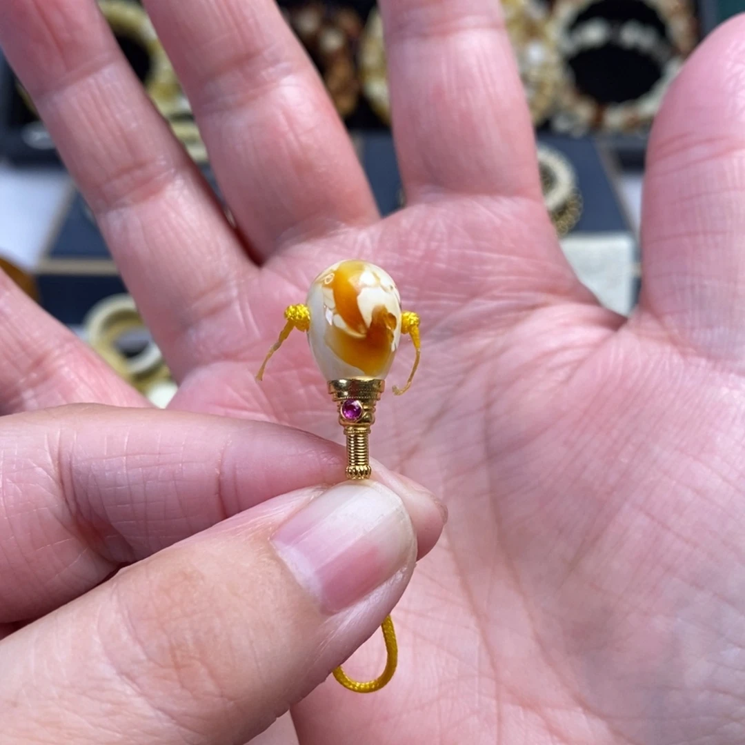 蜜蜡18K金镶嵌裸石沁色妖花分体三通10