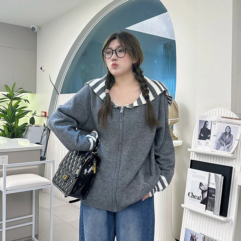 慵懒风女海军领针织条纹毛针织衫衫连帽时尚上衣 8035