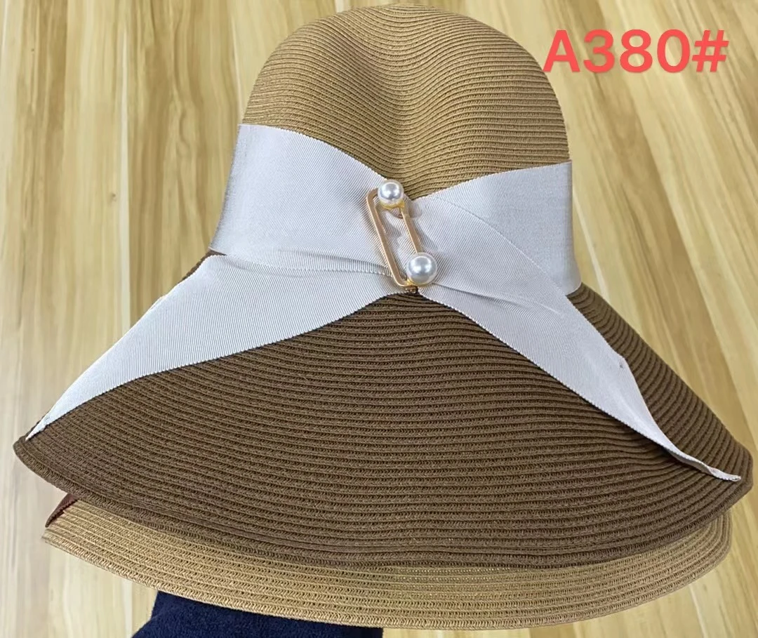 A380#拼色大檐双珠绑带遮阳帽