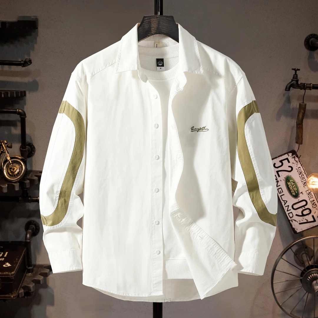 【JJ】工装衬衣男生宽松休闲拼接长袖青年男款潮流春秋新款衬衫