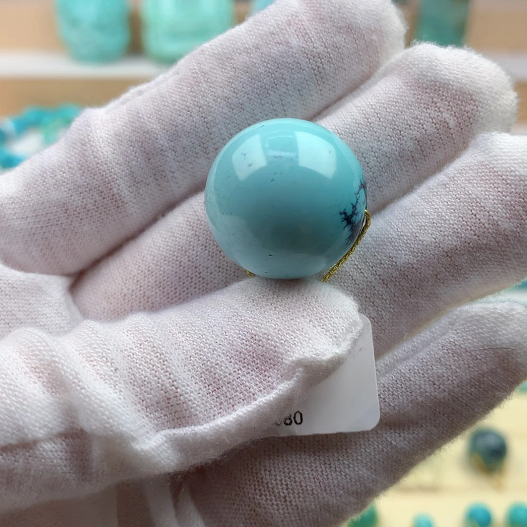 绿松石未镶嵌珠宝奇石高瓷蓝水草纹圆珠19.9mm