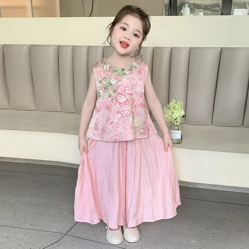 女童夏季新中式粉色套装裙新款中小童夏装国风花边洋气女宝两件套
