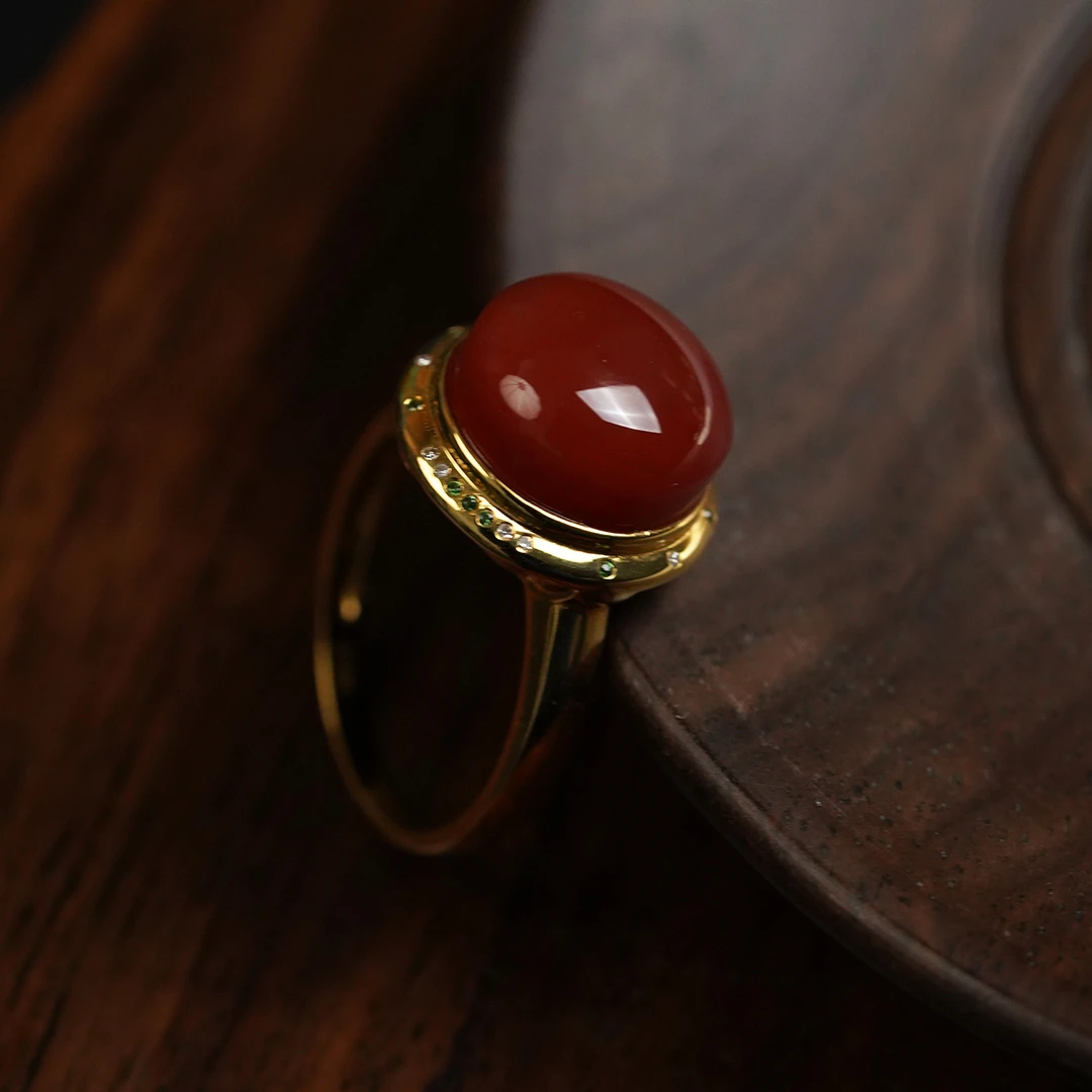 【凤鸣珠宝】天然南红原矿18K金镶嵌典藏级高品阶牛血红戒指 J-39