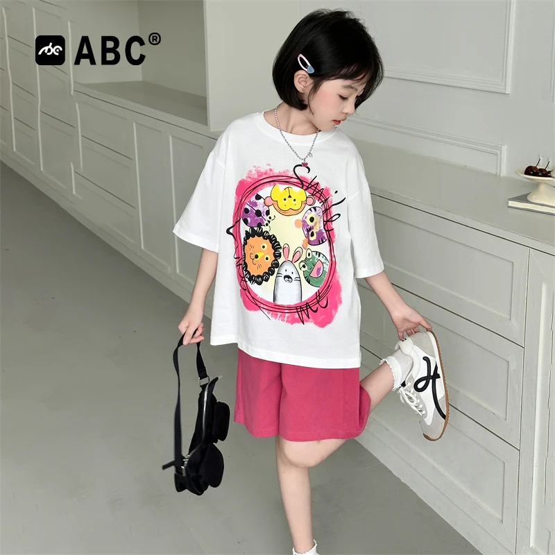 ABC女童夏季套装2025新款女孩印花韩版短袖短裤两件套儿童休闲装