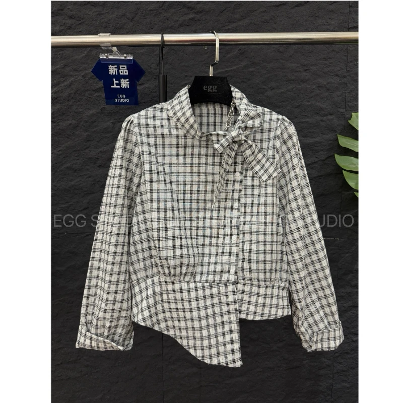 高端欧货2025年早秋新款设计感系带格子不规则下摆衬衫外套女上衣