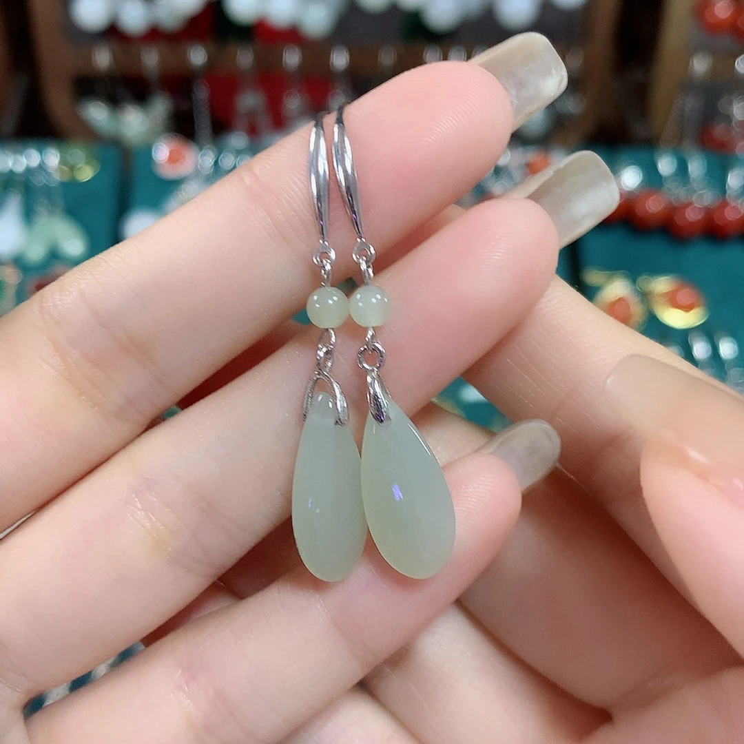 和田玉耳饰银S925镶嵌水滴