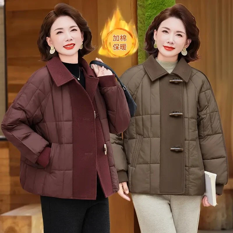 妈妈短款POLO领纯色羽丝棉服洋气拼接毛呢外套女冬季宽松加厚棉袄