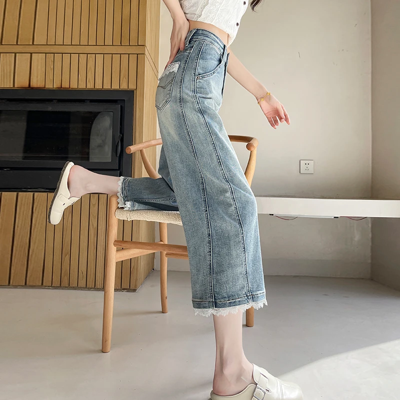 复古蕾丝花边七分阔腿牛仔裤女2025秋季新款小个子宽松遮肉直筒裤