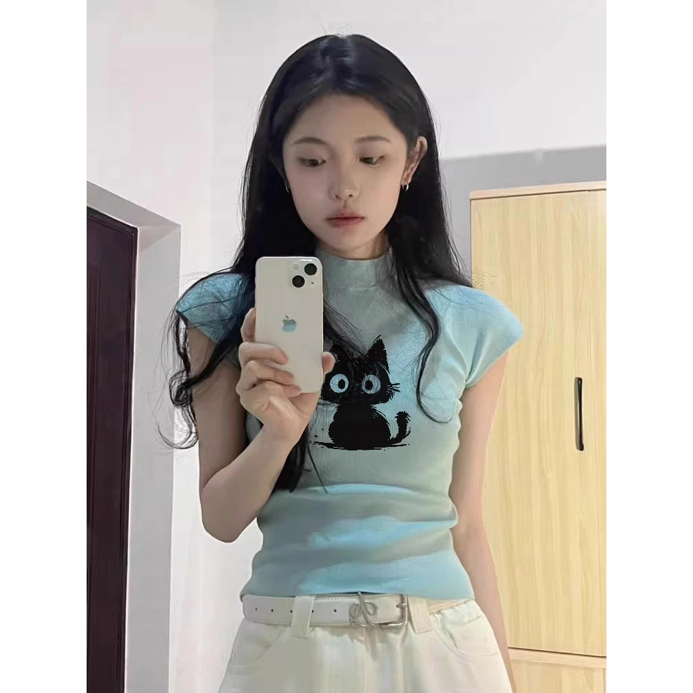 2025新款多巴胺穿搭薄款短袖针织T恤女夏季新款修身显瘦辣妹上衣