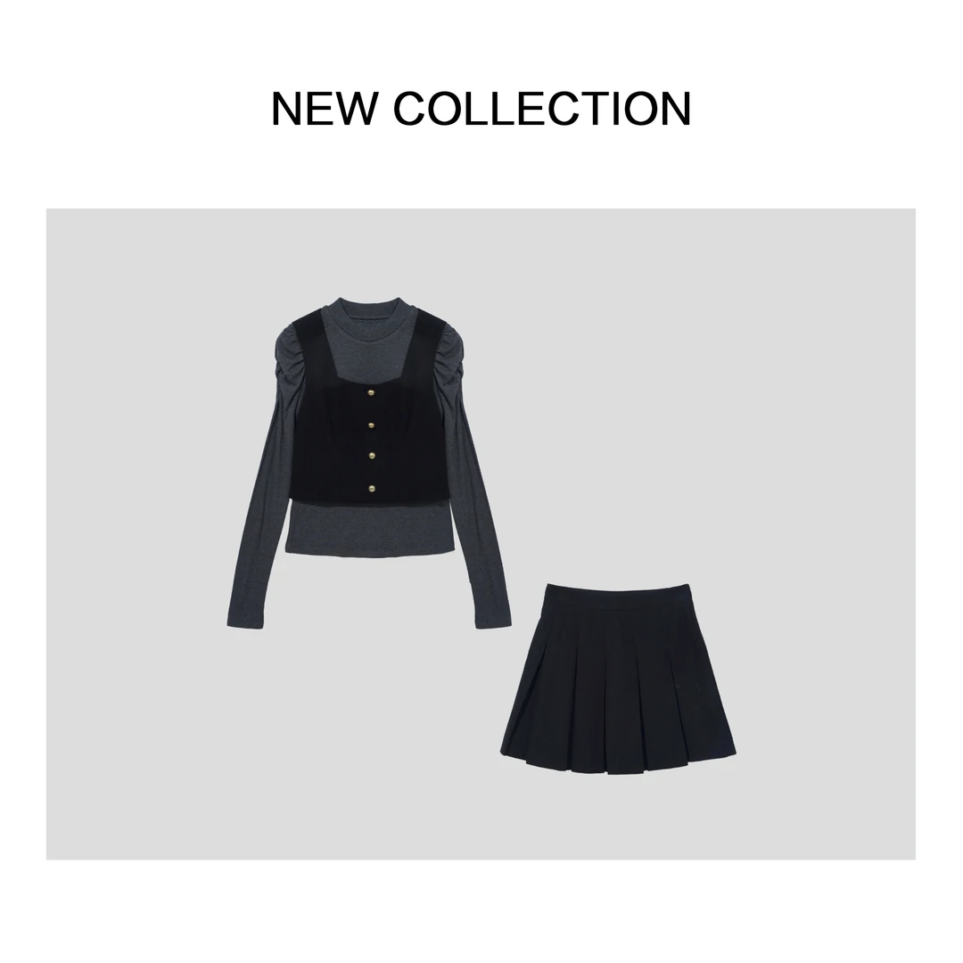 【艺菲专属】新款时尚纽扣装饰黑色T恤+背心+短裙 套装 D3518008A
