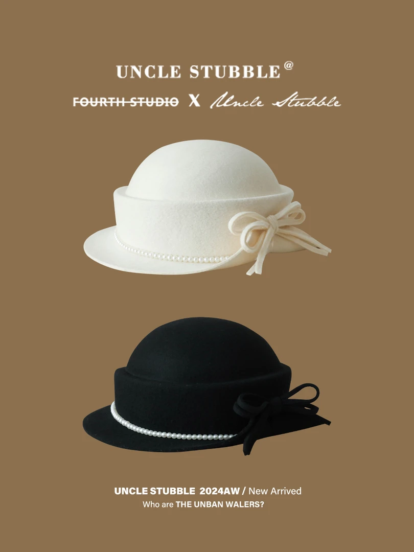 全羊毛蝴蝶结小礼帽女生秋冬高级感气质千金帽黑色赫本风毛毡帽子