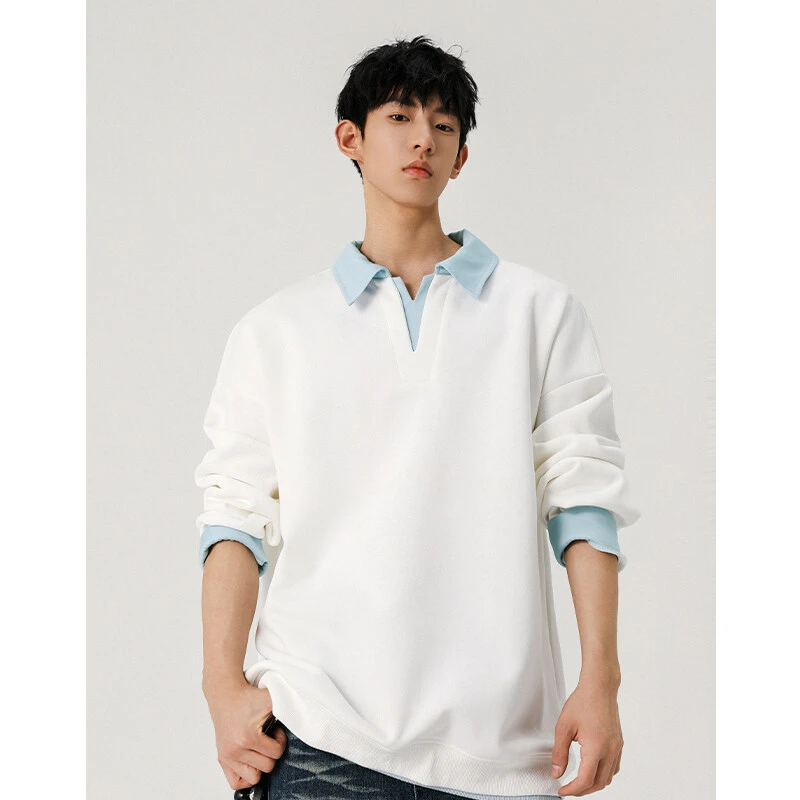 美式复古假两件拼接V领宽松卫衣男春季潮重磅痞帅休闲百搭POLO衫