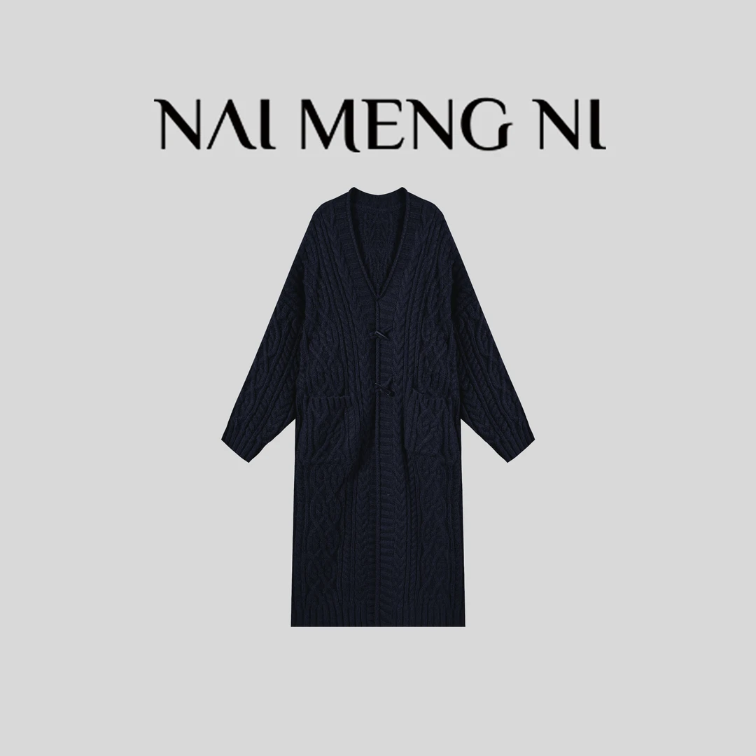 NMN王火火&设计师新款复古针织毛衣牛角扣开衫外套 28HH0006