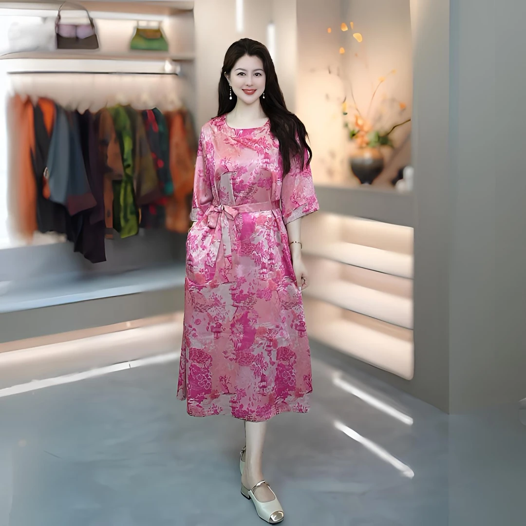 粉佳人新中式连衣裙宋锦新款时尚百搭显瘦休闲气质中长款中国风女