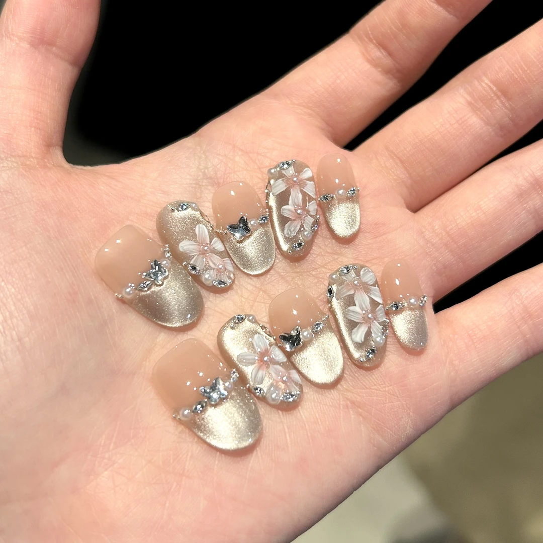 【朝花夕拾】蓝珊手工穿戴甲手绘桃花碎钻法式猫眼春夏气质纯欲精致