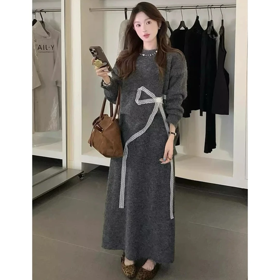 设计感秋装针织开叉蝴蝶结软糯毛衣搭配半身裙针织套装