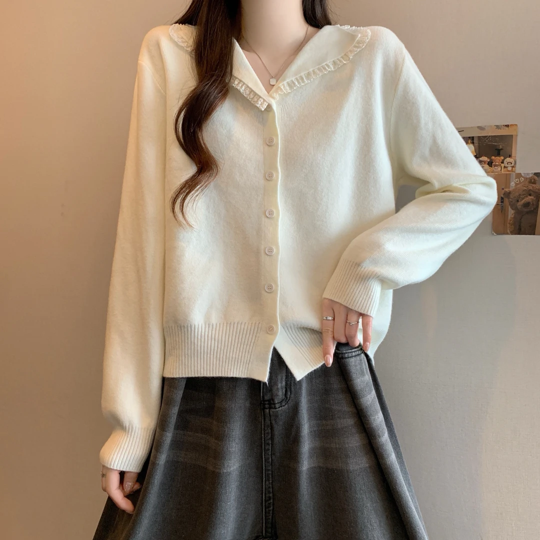 法式洋气V领蕾丝花边针织开衫女春秋冬胖妹妹百搭长袖上衣小外套