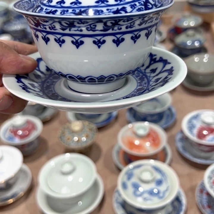 瓷片白青花宝相元宝盖碗全品