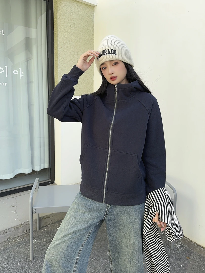 5088连帽卫衣秋冬款加绒加厚连帽美式修身长袖卫衣冬季开衫外套