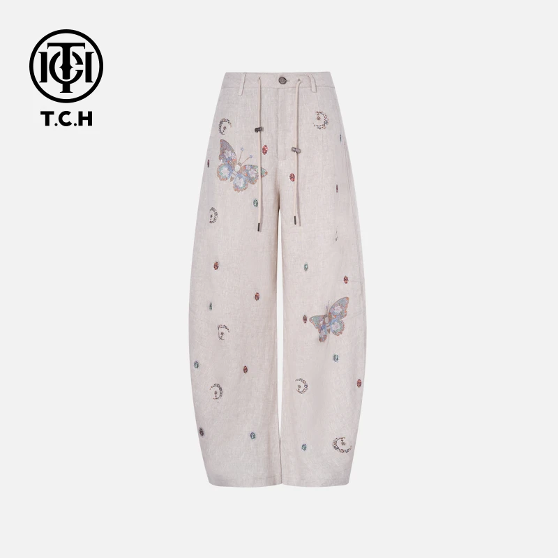 TCH私服烫钻工艺时尚百搭气质蝴蝶休闲长裤女T75B20E5089轻奢tch