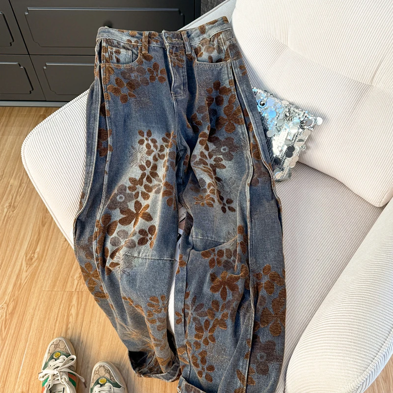 牛仔裤女2025新款冬季高腰显瘦直筒裤女设计感时尚宽松阔腿长裤