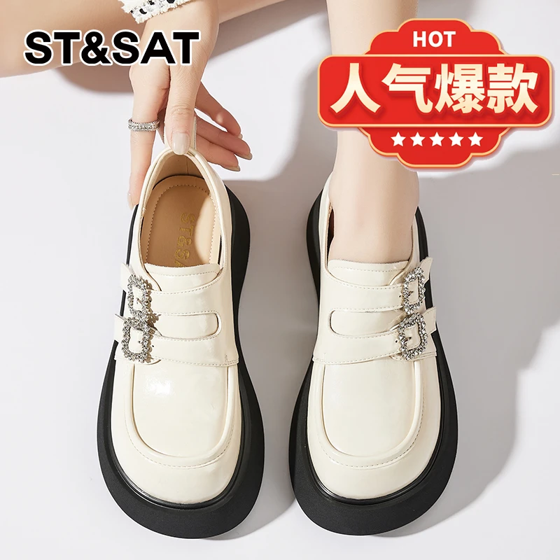 星期六真皮厚底乐福鞋女2025爆款水钻双扣JK单鞋小个子法式小皮鞋