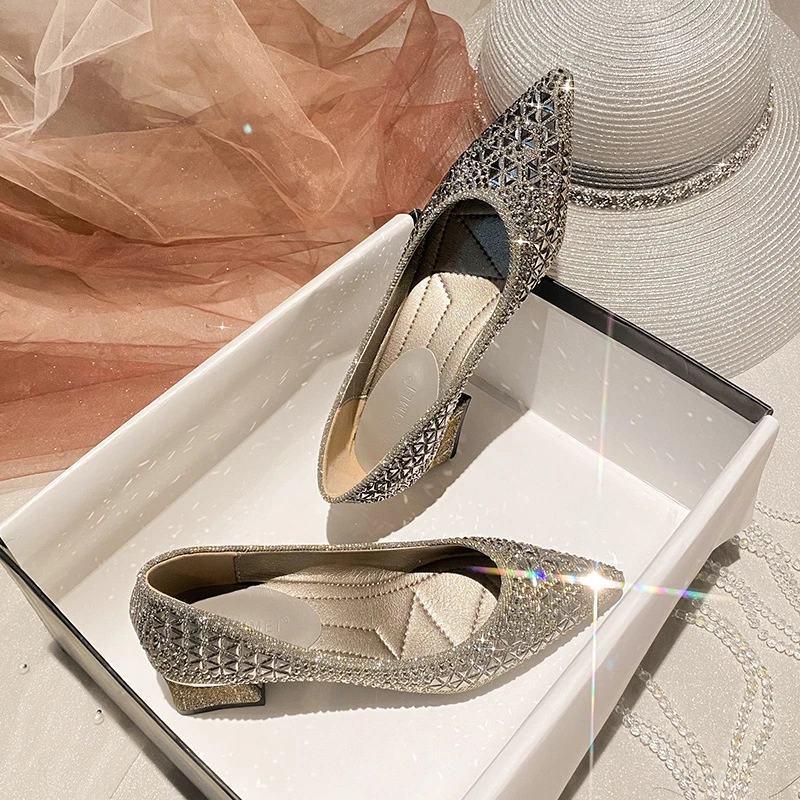 3种跟高可选 超舒适 不累脚尖头气质单鞋女2025春季新款水钻女鞋