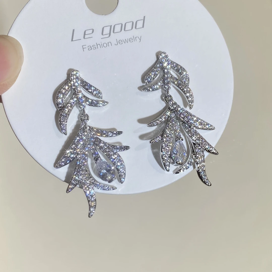 铜合金耳饰 2740-0112新款锆石树叶耳饰新娘婚纱礼服配饰