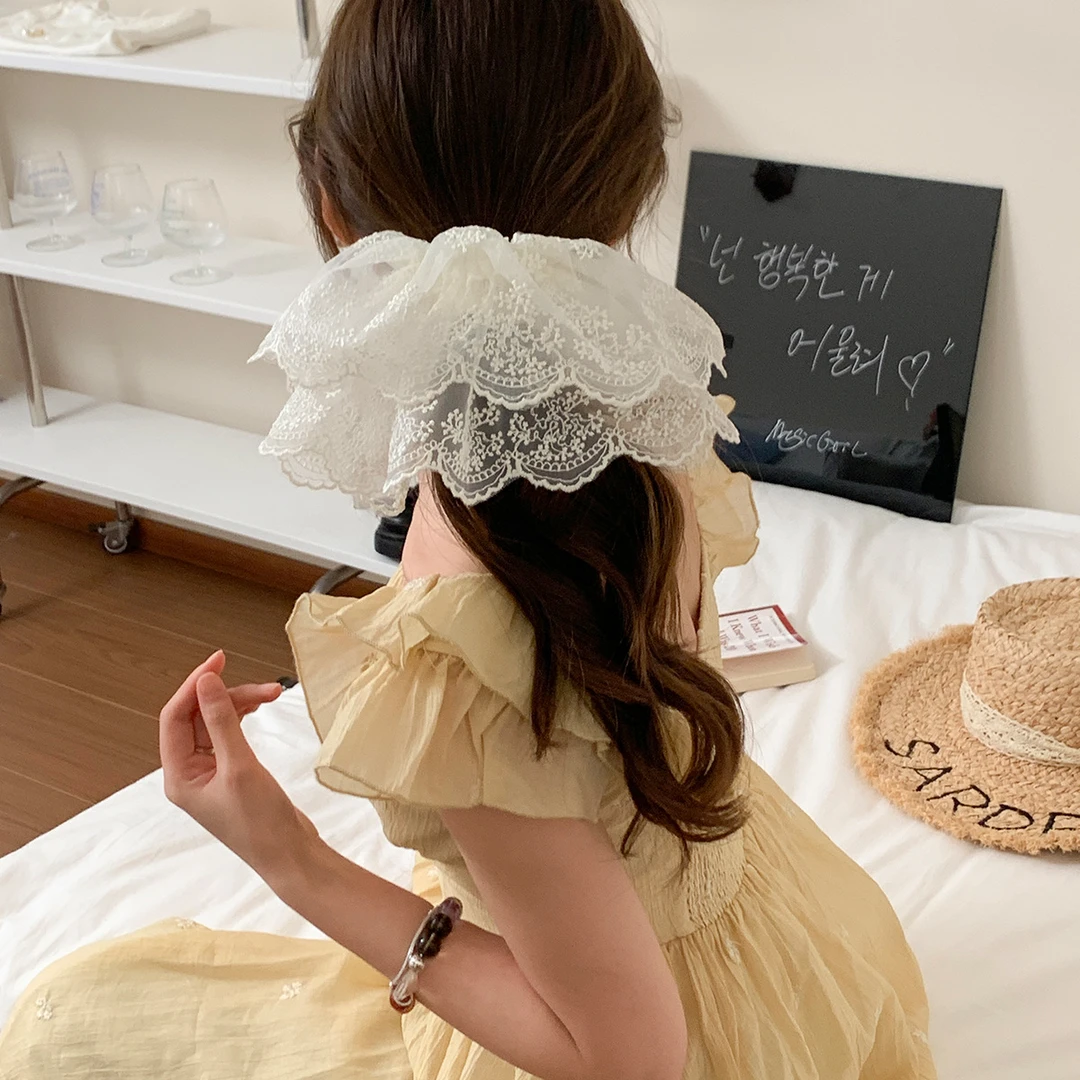 早春超仙双层蕾丝刺绣裙摆发圈高级感头花发绳气质皮筋头绳发饰女
