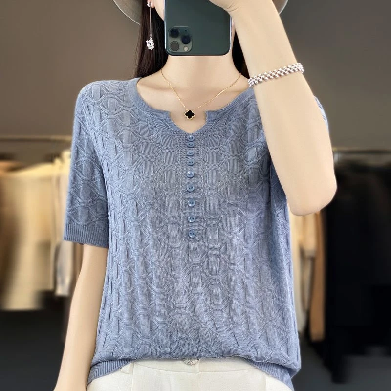 2025夏季新款妈妈装莱赛尔天丝高档肌理感薄款短袖洋气针织衫上衣