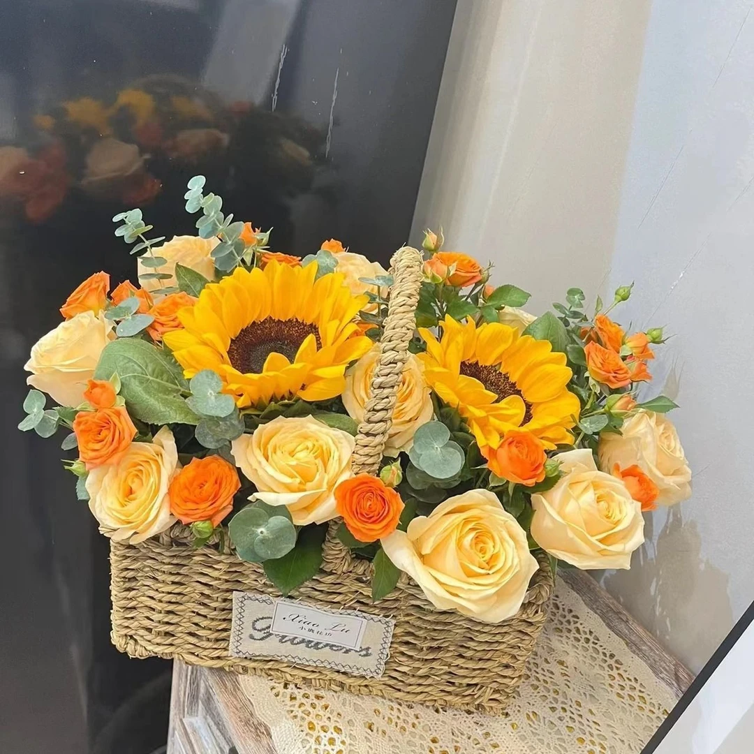 【情已深】2朵阳光向日葵香槟桔梗混搭花篮提篮送长辈礼品鲜花送老师探望送病人A7