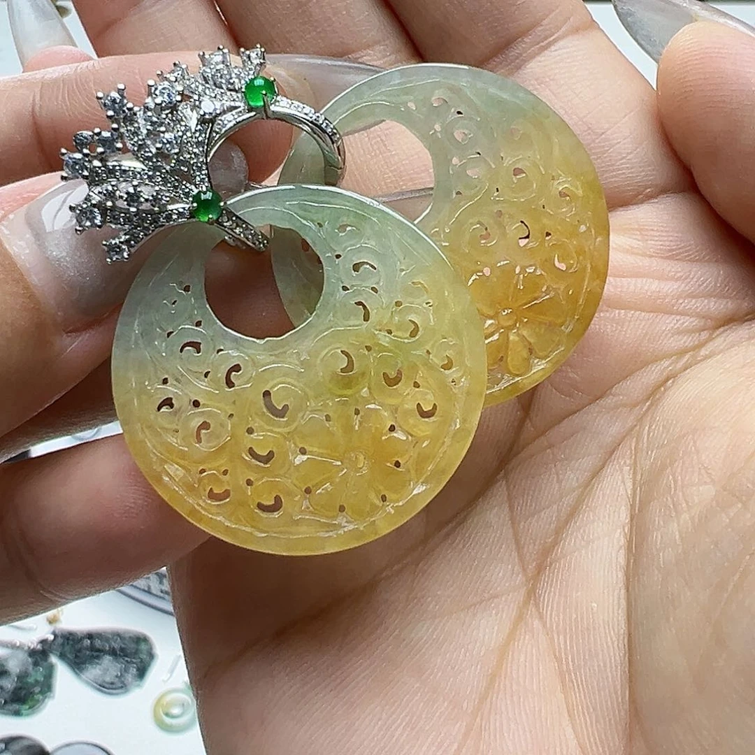 翡翠银S925镶嵌耳饰兔*多天然缅甸A货翡翠