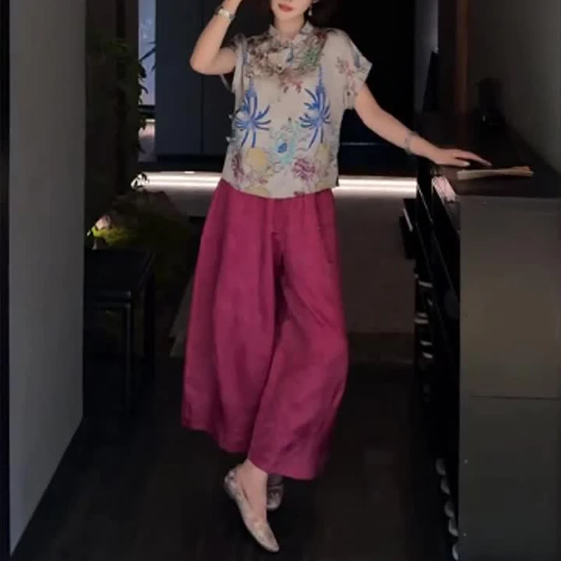 新中式国风女装知性风上衣裤子套装2025夏季新款马甲阔腿裤两件套