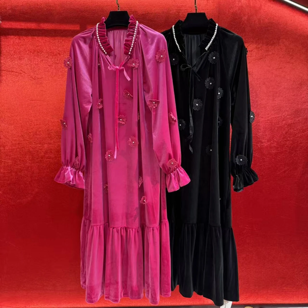 DanDancollectionstore【桃之夭夭】设计师秋冬立体花长款连衣裙420