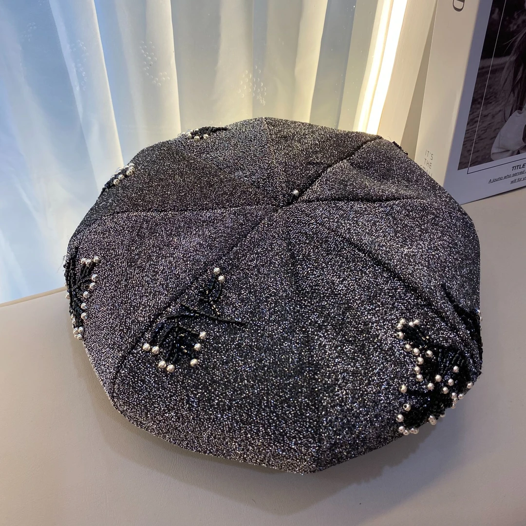 气质优雅高定小众珠片银灰八角蓓蕾帽中式复古时尚百搭早秋新款