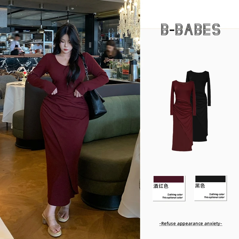 B-babes【显瘦技巧】气质长袖连衣裙显瘦修身褶皱磨毛设计打底长裙