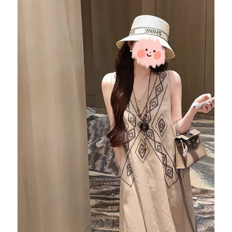 波西米亚风无袖V领连衣裙夏季刺绣复古法式宽松百搭长/短裙